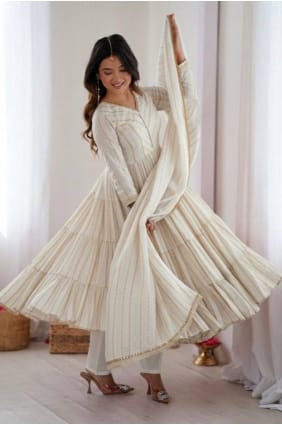 Mirror Anarkali Suit in White Chanderi silk AS4216