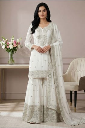White Silk Sequins Palazzo Suit with Dupatta PZ4379