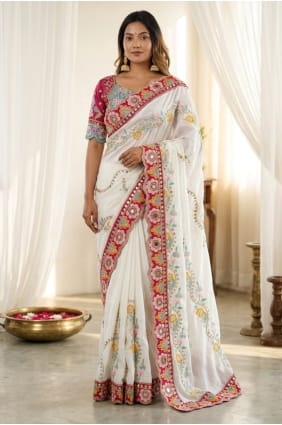 White Embroidered Silk Party Wear Saree SR30115