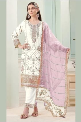 Georgette Embroidered White Salwar Kameez with Dupatta SK156034