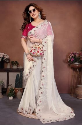 White Embroidered Chiffon Saree SR29845
