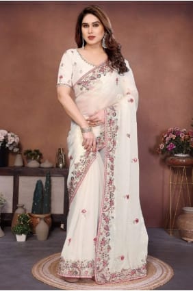 Chiffon Saree in White with Lace SR29735
