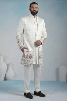 White Men Kurta with Embroidered Satin KURR250