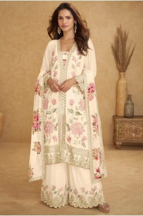 Chiffon Sequins White Palazzo Suit with Dupatta PZ4327