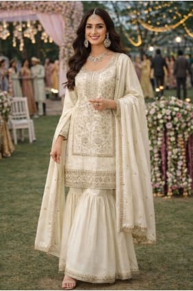 White Silk Embroidered Sharara Suit with Dupatta SS1349