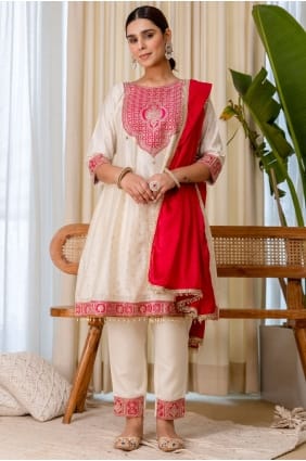 Silk Salwar Kameez in White with Embroidered SK156091