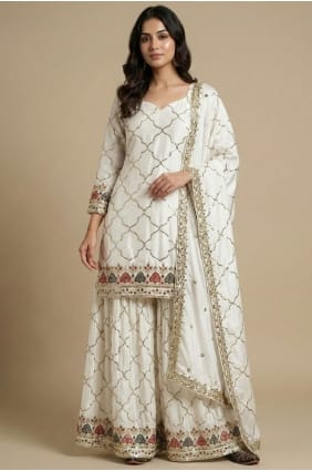 White Sequins Patiala Suit in Silk PZ4255