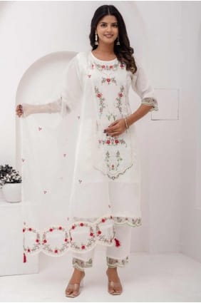 White Straight Pant Suit with Embroidered Silk SK155478