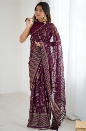 Wine Georgette Saree with Lace SR30012