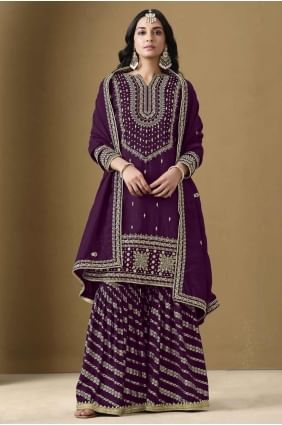 Wine Palazzo Suit in Art silk with Embroidered PZ4138