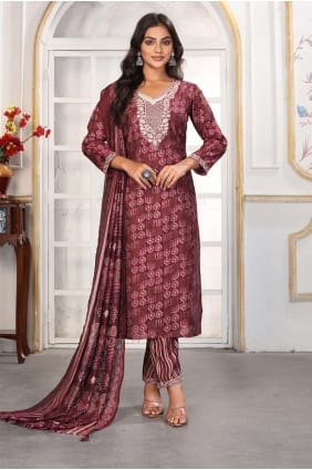 Printed Chanderi Salwar Kameez in Wine with Dupatta SK155909