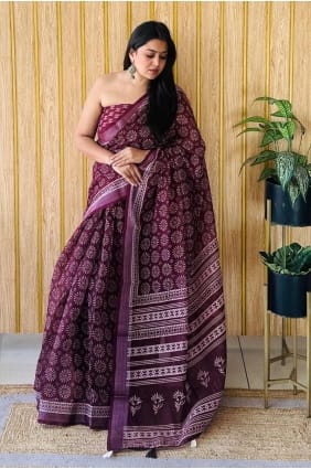 Wine Printed Saree in Cotton SR28099