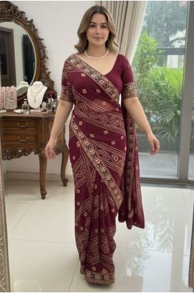Wine Saree in Digital print Georgette SR29270