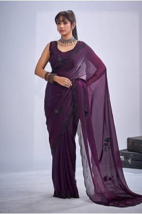 Sequins Satin Saree in Wine SR30014