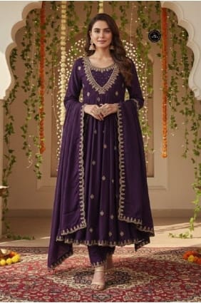 Silk Sequins Wine Salwar Kameez with Dupatta AS4273