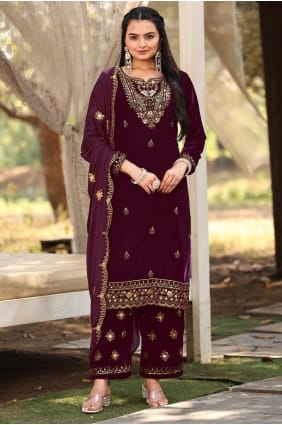 Wine Palazzo Suit in Velvet with Embroidered PZ4227