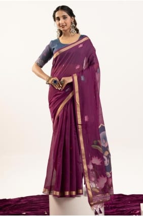 Wine Cotton Saree in Zari SR29599
