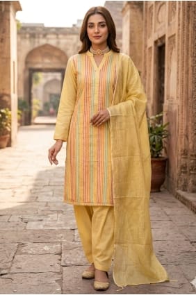 Weaving Cotton Yellow Salwar Kameez with Dupatta SK15897