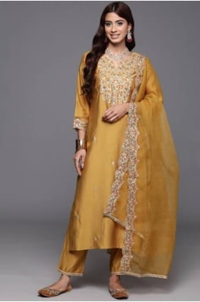 Yellow Embroidered Eid Salwar Kameez in Chanderi silk SK155915