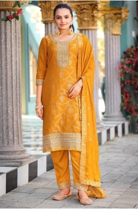 Jacquard Embroidered Yellow Salwar Kameez with Dupatta SK155896