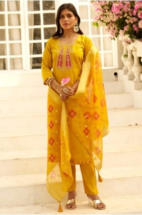 Silk Salwar Kameez with Embroidered in Yellow SK156084