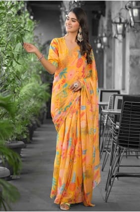 Georgette Gown Dress in Yellow with Printed GW1276