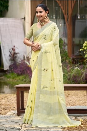 Yellow Linen Saree with Weaving Design SR29913