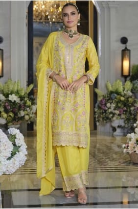 Chiffon Yellow Palazzo Suit in Embroidered PZ4221