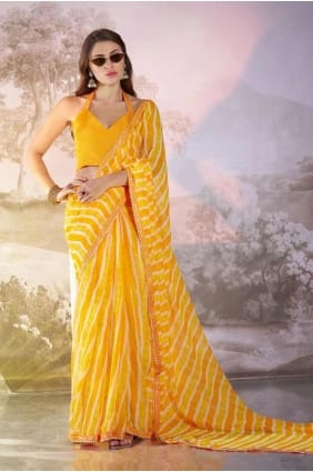 Yellow Printed lace Georgette Saree SR28154