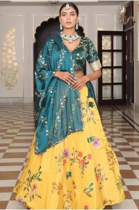 Printed Lehenga Choli in Yellow Silk LC8827