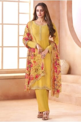 Printed Chiffon Salwar Kameez in Yellow SK15856