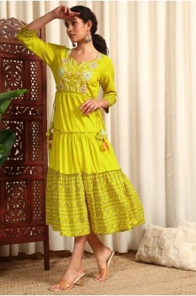 Printed Rayon Gown Dress in Yellow GW1200
