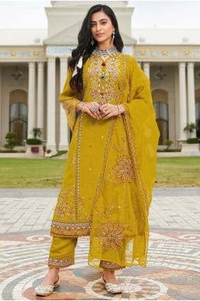 Yellow Embroidered Salwar Kameez in Cotton SK15616