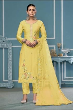 Yellow Salwar Kameez in Embroidered Cotton SK155355
