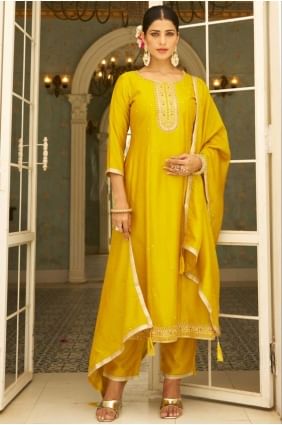 Embroidered Salwar Kameez in Yellow Silk SK155704