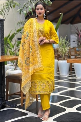 Silk Salwar Kameez with Embroidered in Yellow SK156076