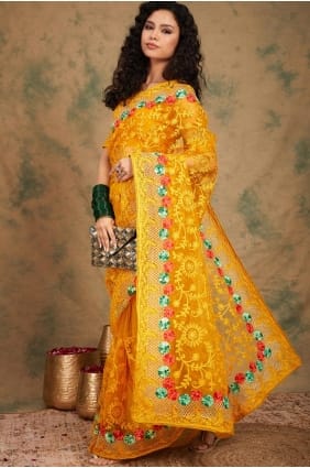 Yellow Saree in Embroidered Net SR29273
