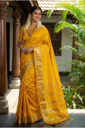 Yellow Zari Printed Silk Saree with Blouse SR29878