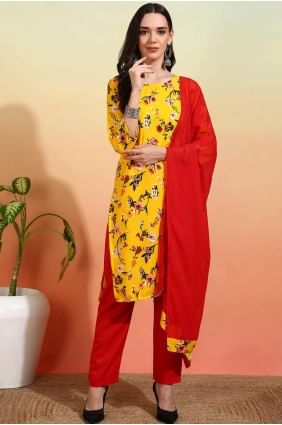 Yellow Straight Pant Suit in Printed Crepe SK155494