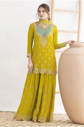 Chinon chiffon Eid Palazzo Suit with Zari in Yellow PZ4287