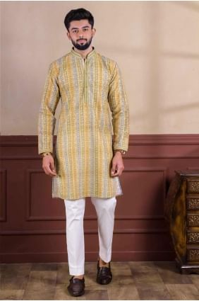 Yellow Printed Cotton blend Men Kurta KURR492