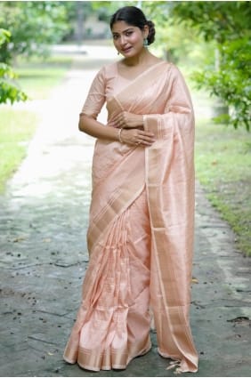 Peach Zari Banarasi raw silk Saree SR29251