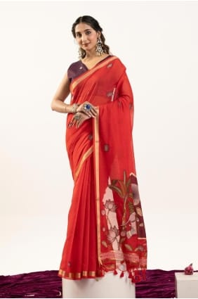 Red Saree in Cotton with Zari SR29598