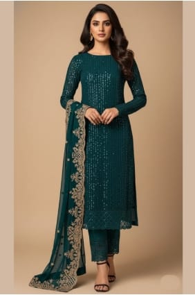 Teal Georgette Zari Eid Salwar Kameez with Dupatta SK155919