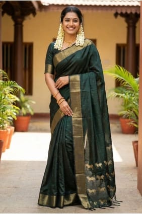 Bottle Green Zari Printed Silk Saree SR29876