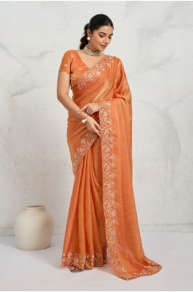 Zari,sequins Chiffon Saree in Orange SR29719
