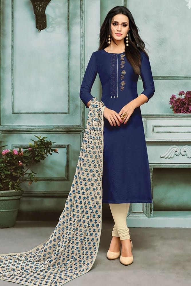 Navy Blue color Chanderi Cotton Churidar Suit Online, Designer