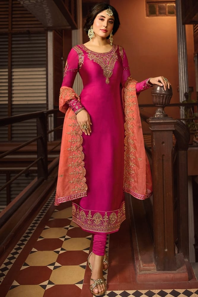 Buy Rani Pink Satin Georgette Churidar Suits with Dupatta Online
