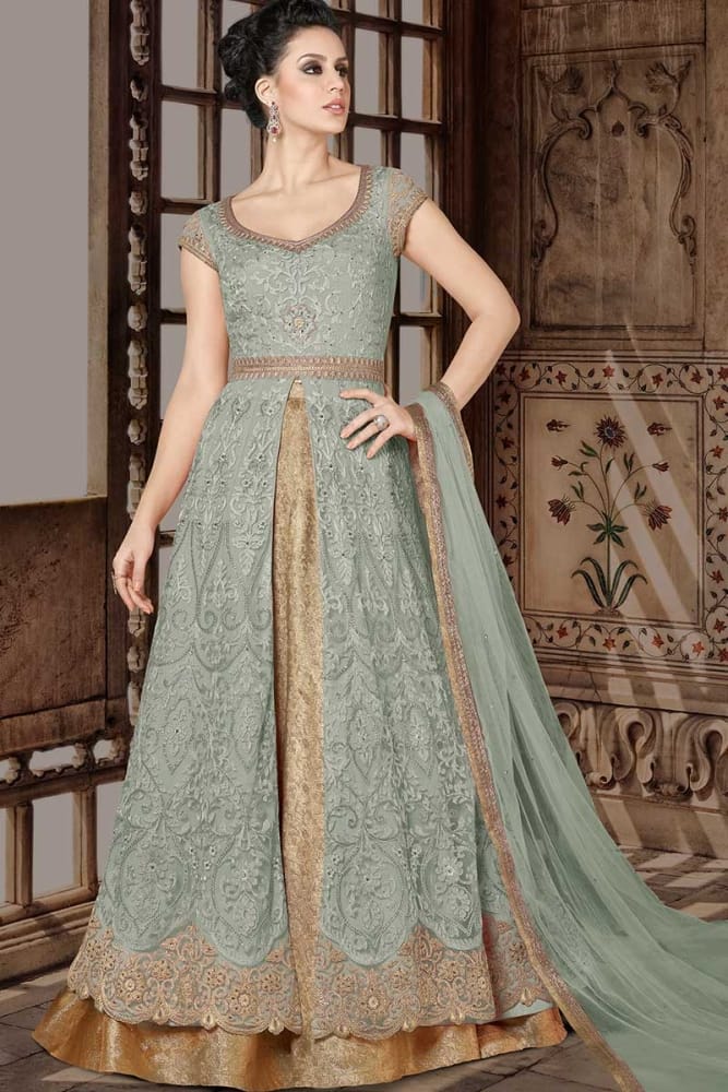 Laurel Green designer Net Anarkali Suit online with Beige Santoon salwar, Laurel Green Net dupatta at Shopkund Laurel Green designer Net Anarkali Suit online with Beige Santoon salwar, Laurel Green Net dupatta at Shopkund