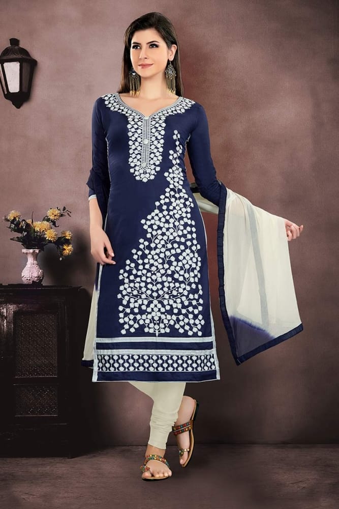 Navy Blue color Cotton Churidar Suit Online, Designer Churidar